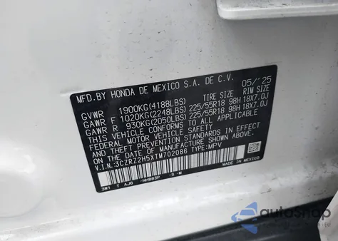 2026 Honda Hr-V Awd Sport из США, поврежденный, VIN 3CZRZ2H5XTM702086